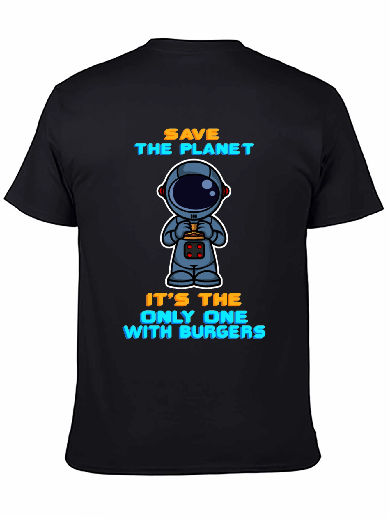 Camiseta Negra: Astronauta y Hamburguesas - Salva el Planeta