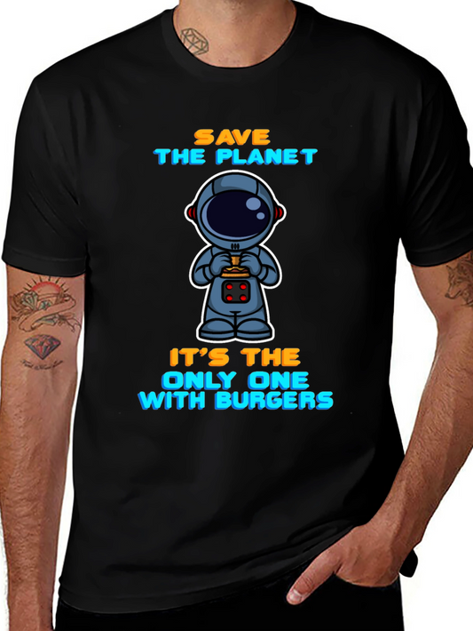 Camiseta Negra: Astronauta y Hamburguesas - Salva el Planeta