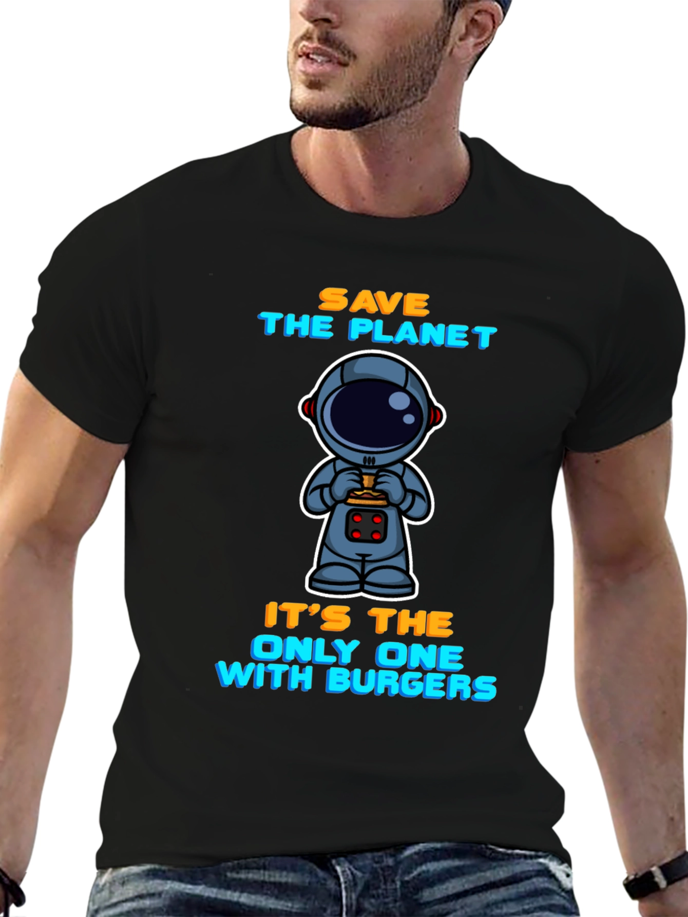 Camiseta Negra: Astronauta y Hamburguesas - Salva el Planeta