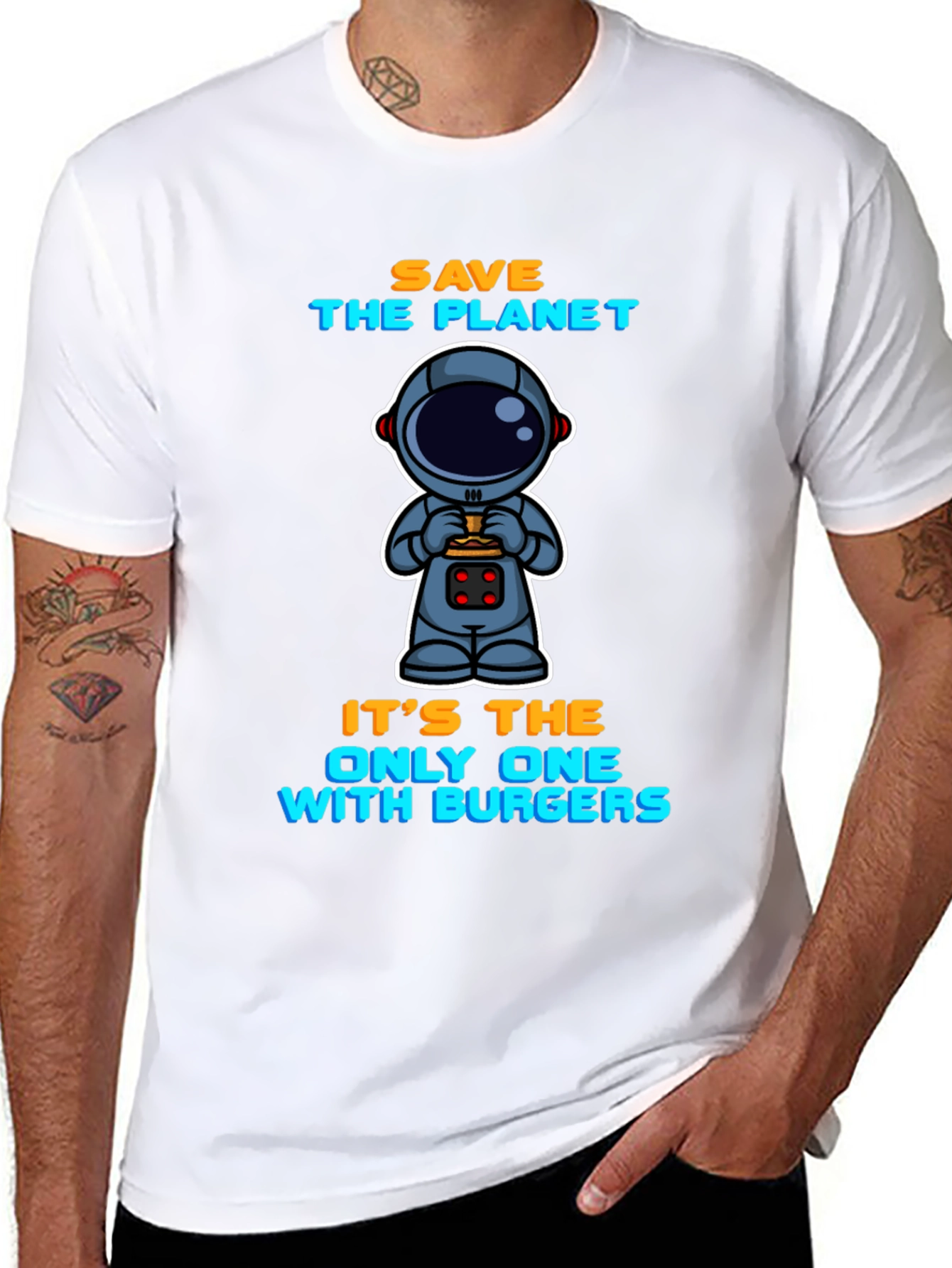 Camiseta Negra: Astronauta y Hamburguesas - Salva el Planeta