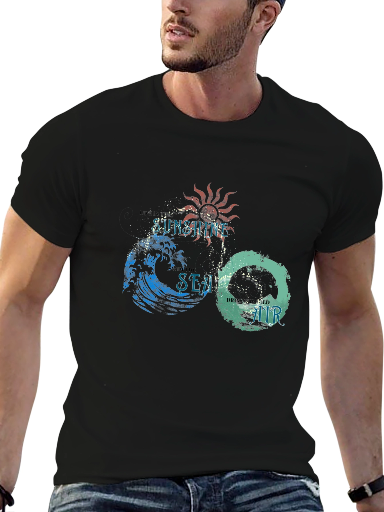 Camiseta Negra con Diseño Sol Mar y Aire