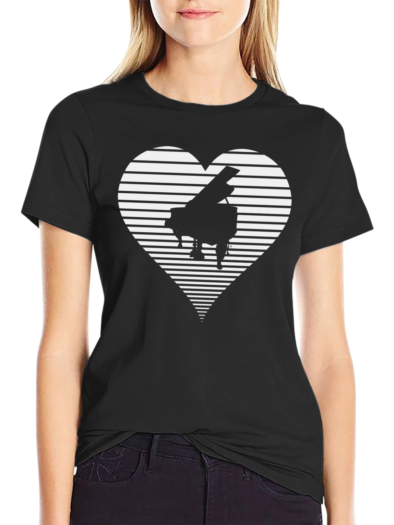 Camiseta Negra Piano Corazón Rayas Hombre