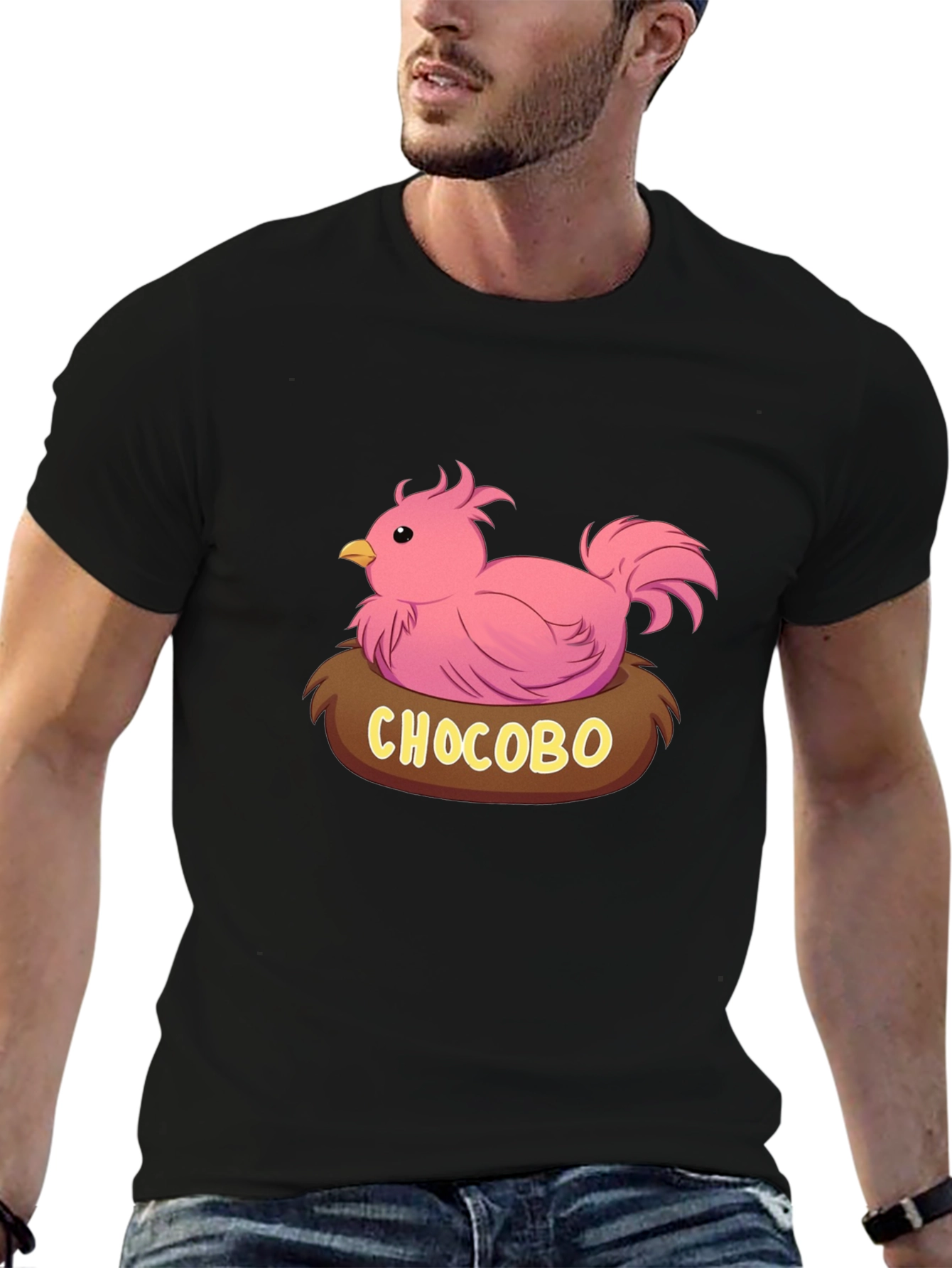 Camiseta Negra con Diseño Chocobo Rosa
