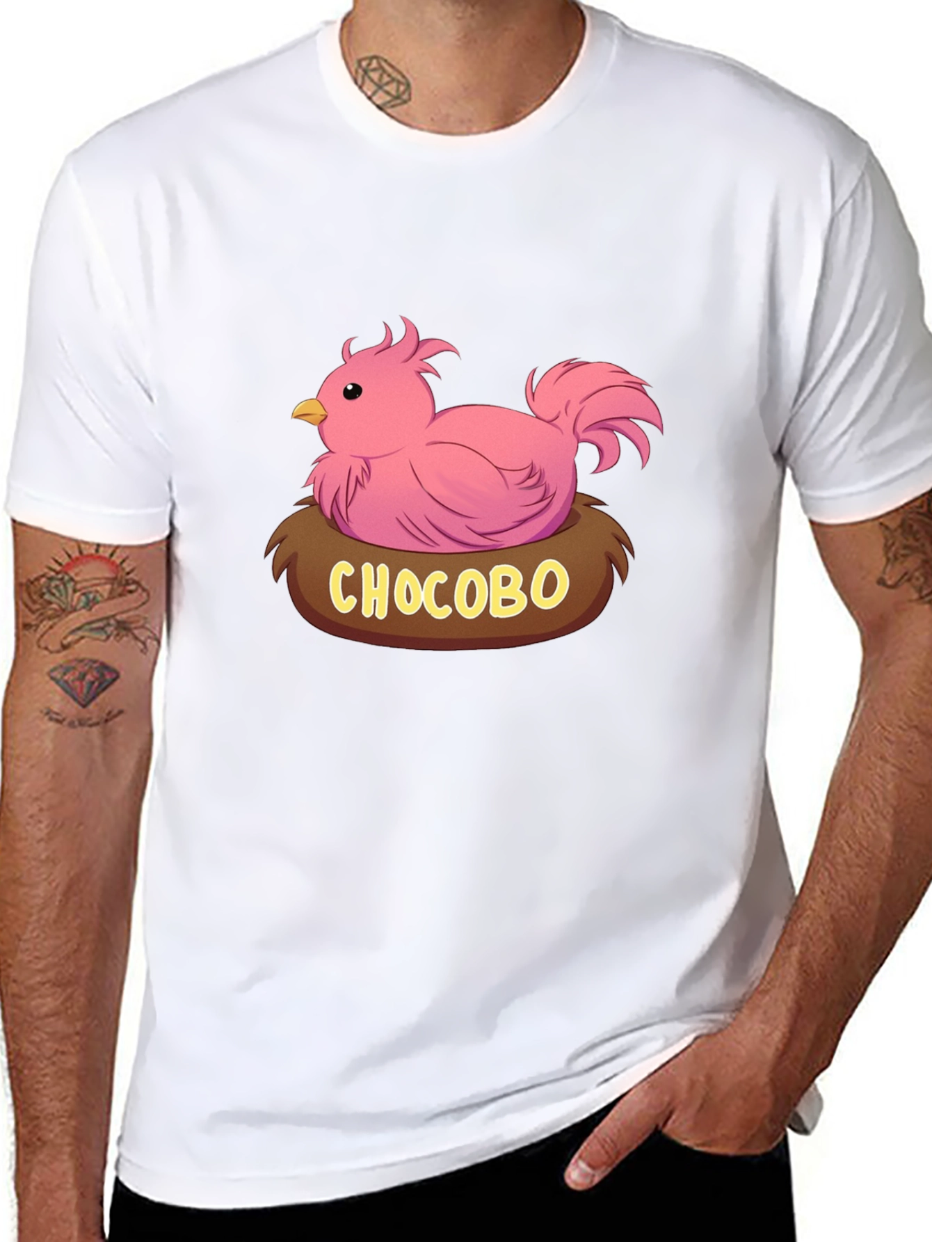Camiseta Negra con Diseño Chocobo Rosa