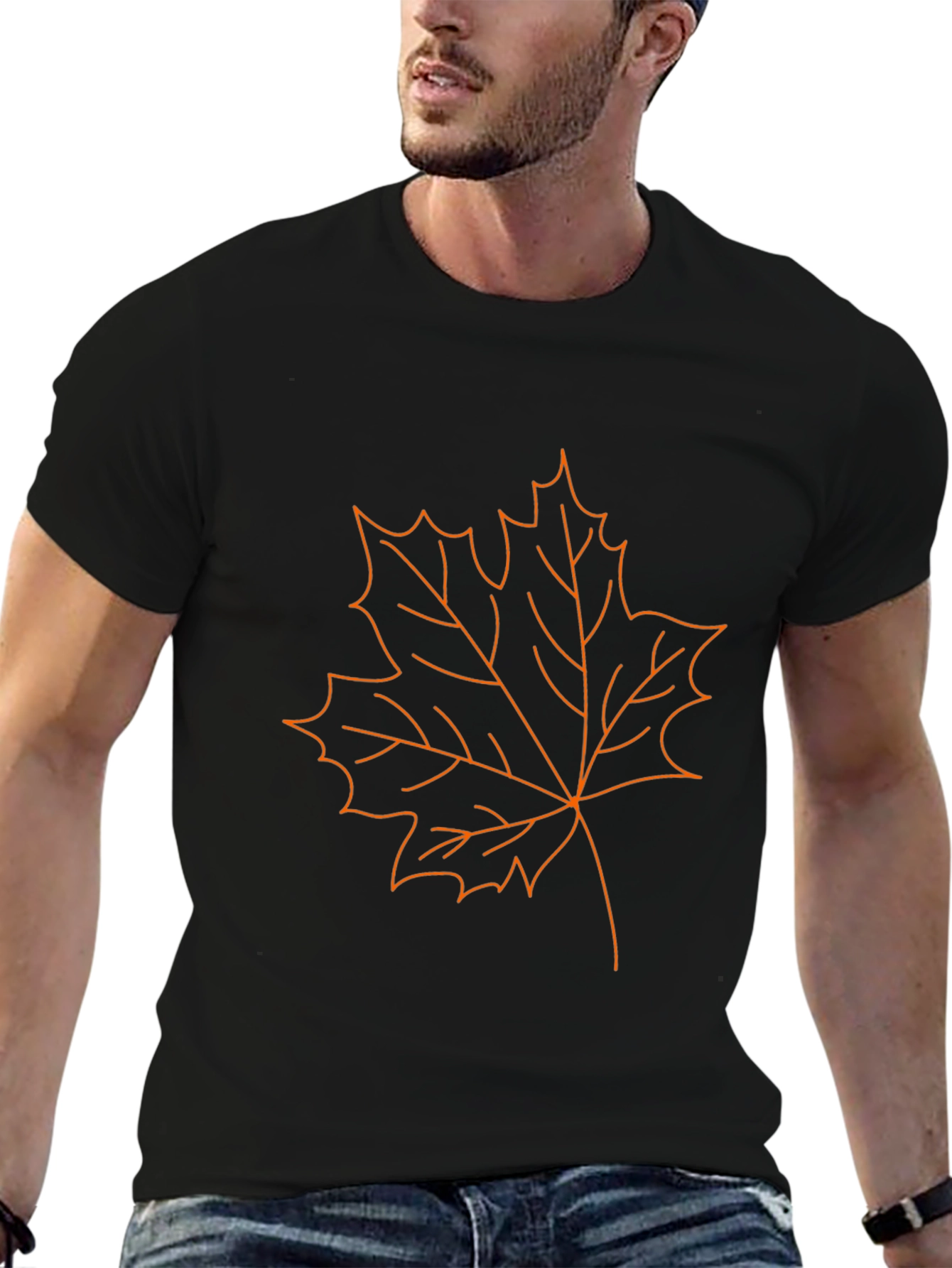 Camiseta Negra Hombre Diseño Hoja de Arce Naranja
