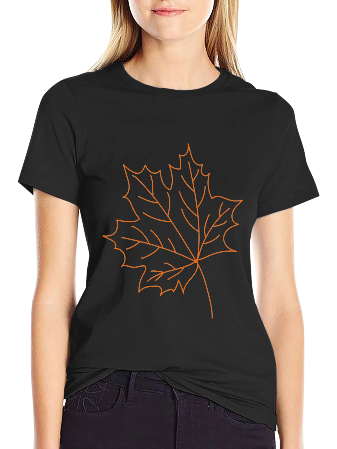Camiseta Negra Hombre Diseño Hoja de Arce Naranja