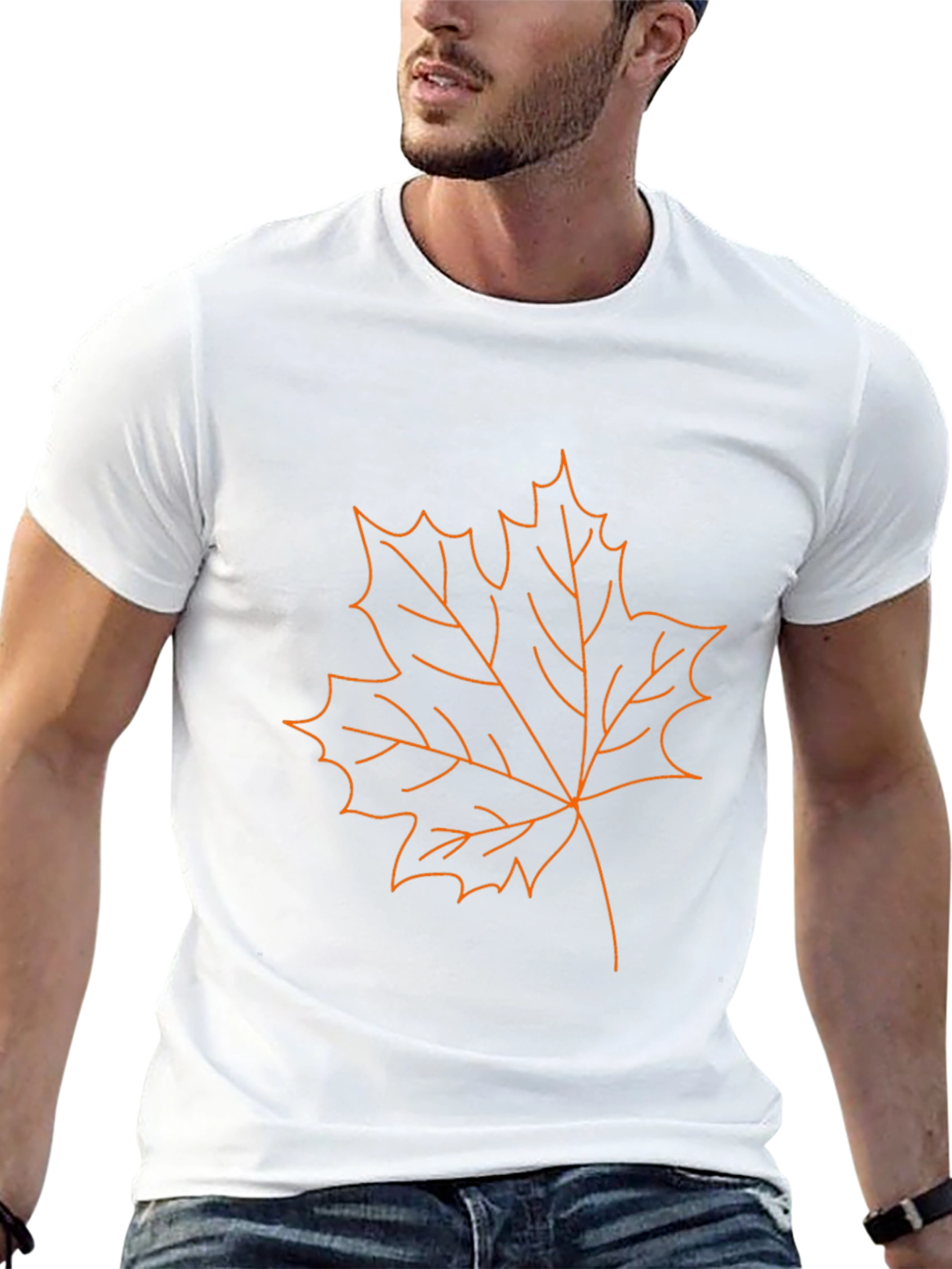 Camiseta Negra Hombre Diseño Hoja de Arce Naranja
