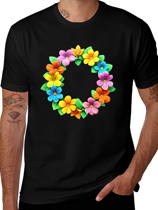 Camiseta Negra con Corona de Flores Coloridas