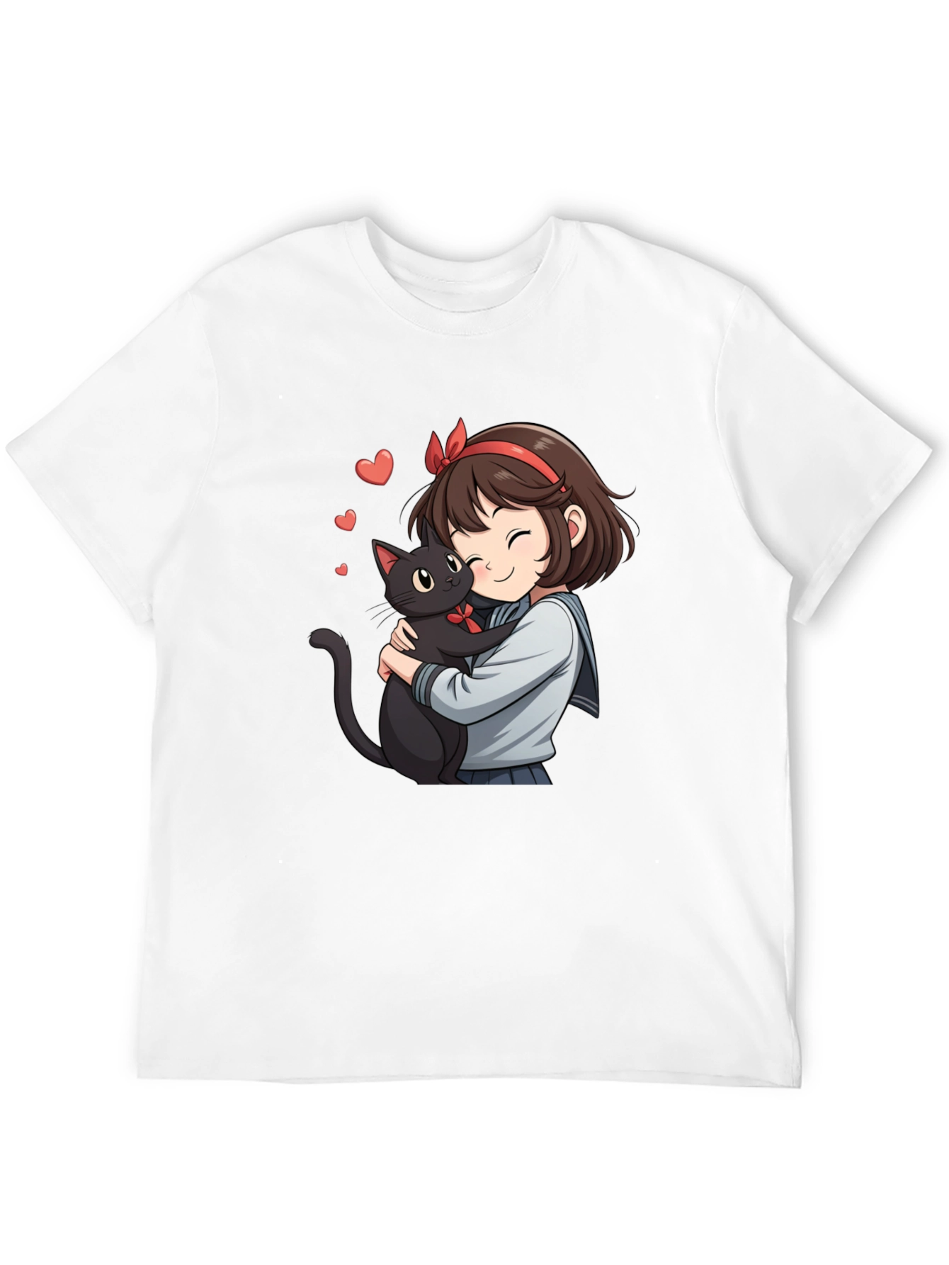 Camiseta Negra con Diseño Anime de Chica y Gato