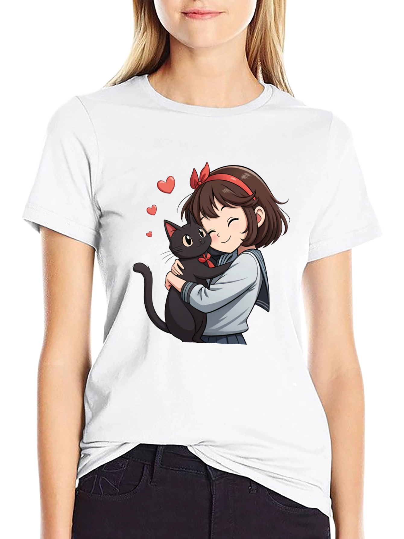 Camiseta Negra con Diseño Anime de Chica y Gato