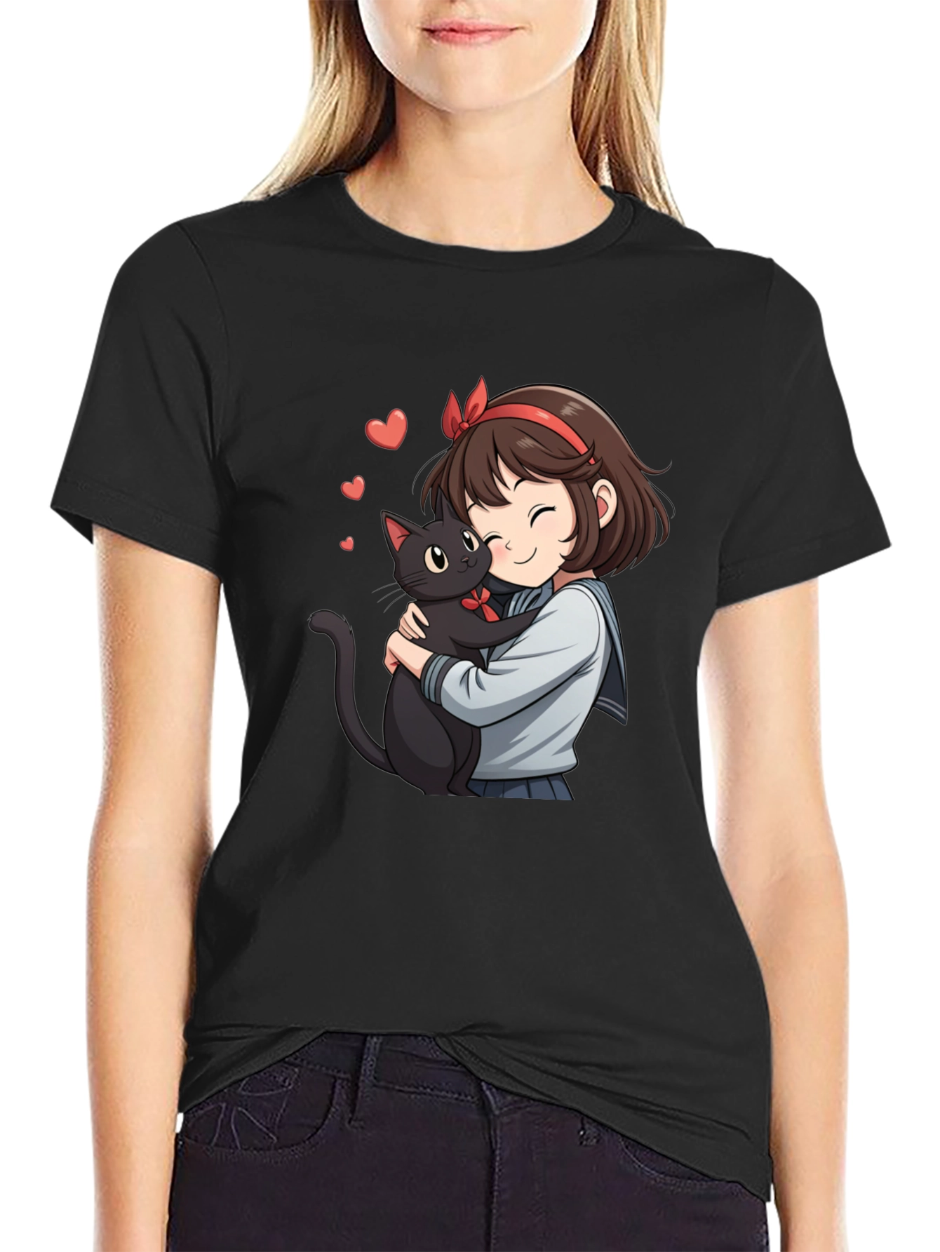 Camiseta Negra con Diseño Anime de Chica y Gato