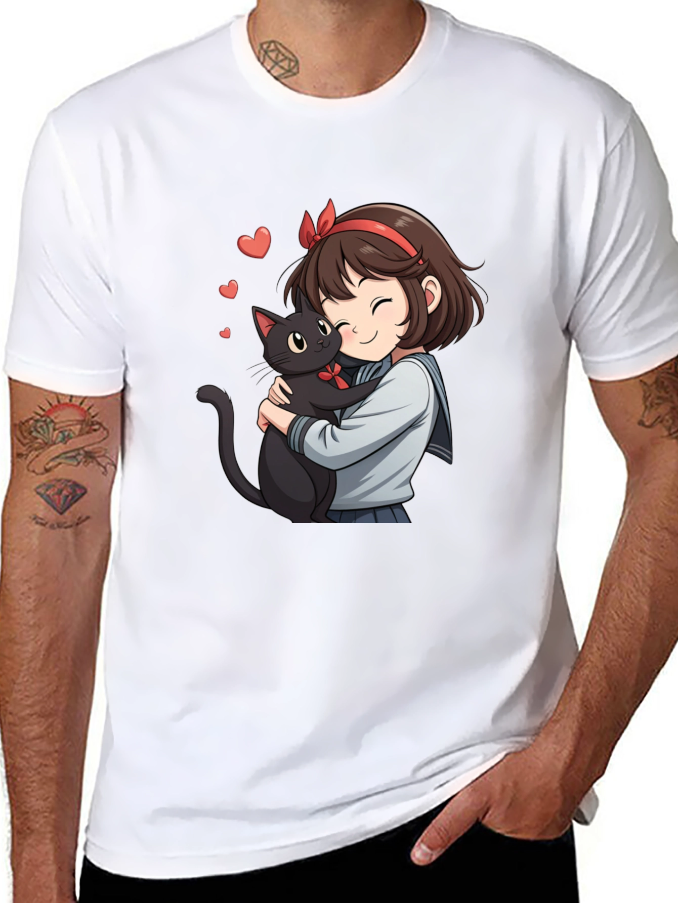 Camiseta Negra con Diseño Anime de Chica y Gato