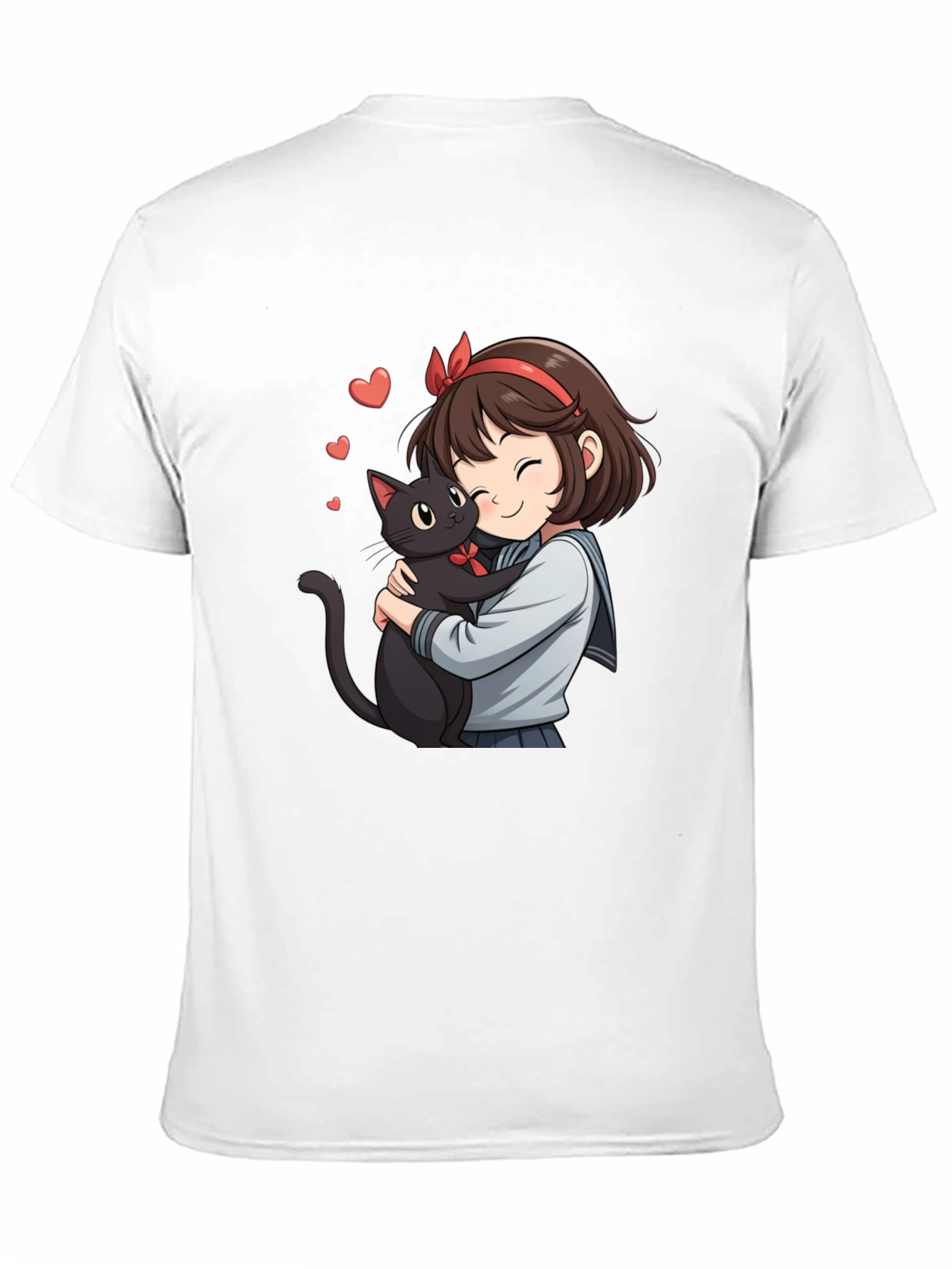 Camiseta Negra con Diseño Anime de Chica y Gato
