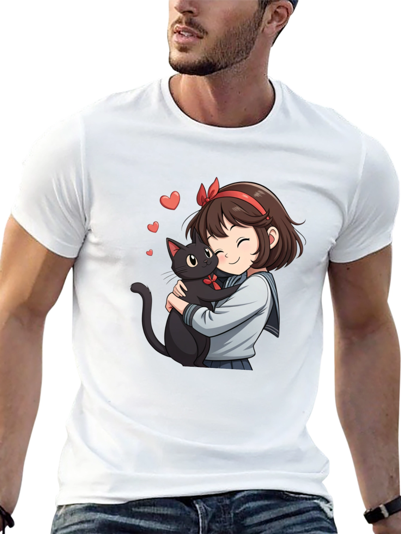 Camiseta Negra con Diseño Anime de Chica y Gato