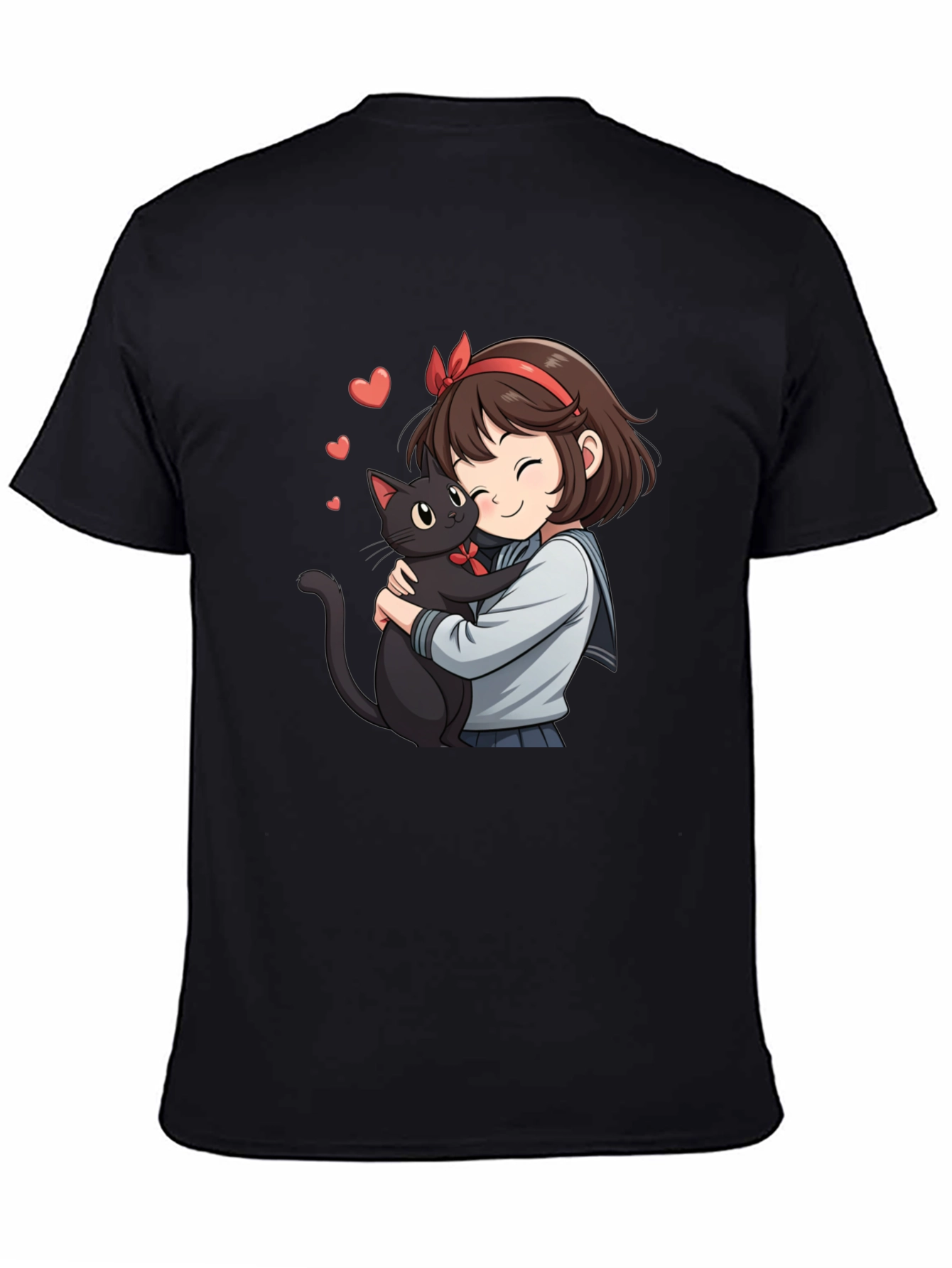 Camiseta Negra con Diseño Anime de Chica y Gato