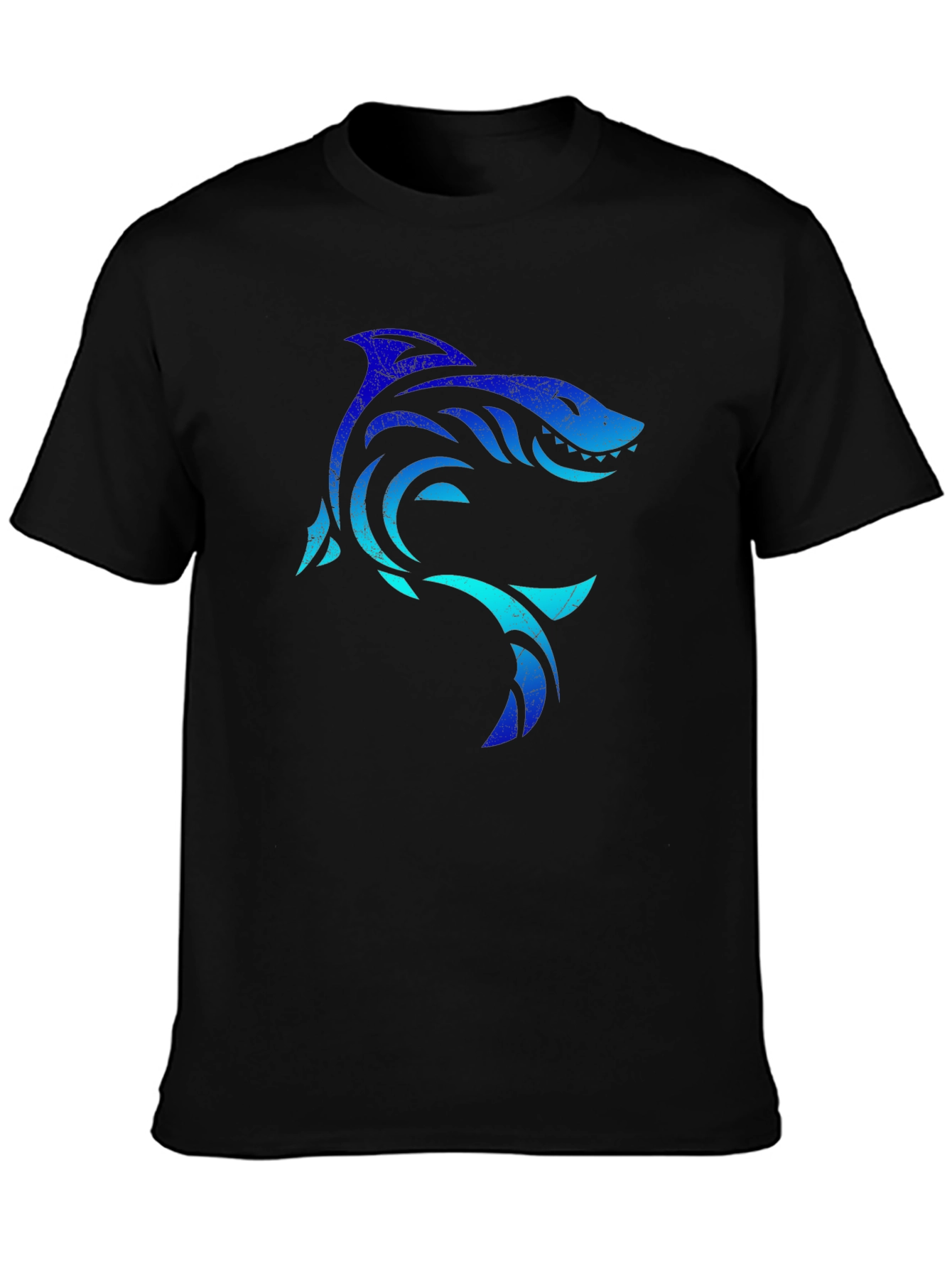 Camiseta Negra con Diseño de Tiburón Tribal Azul