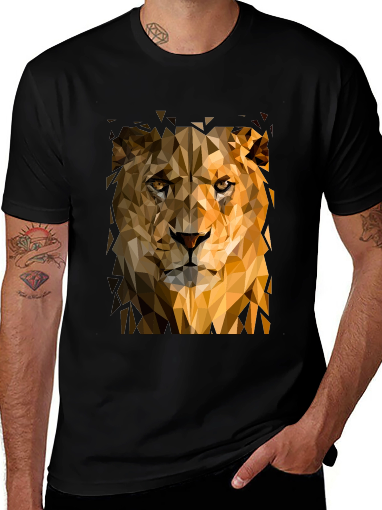 Camiseta Negra Hombre León Geométrico