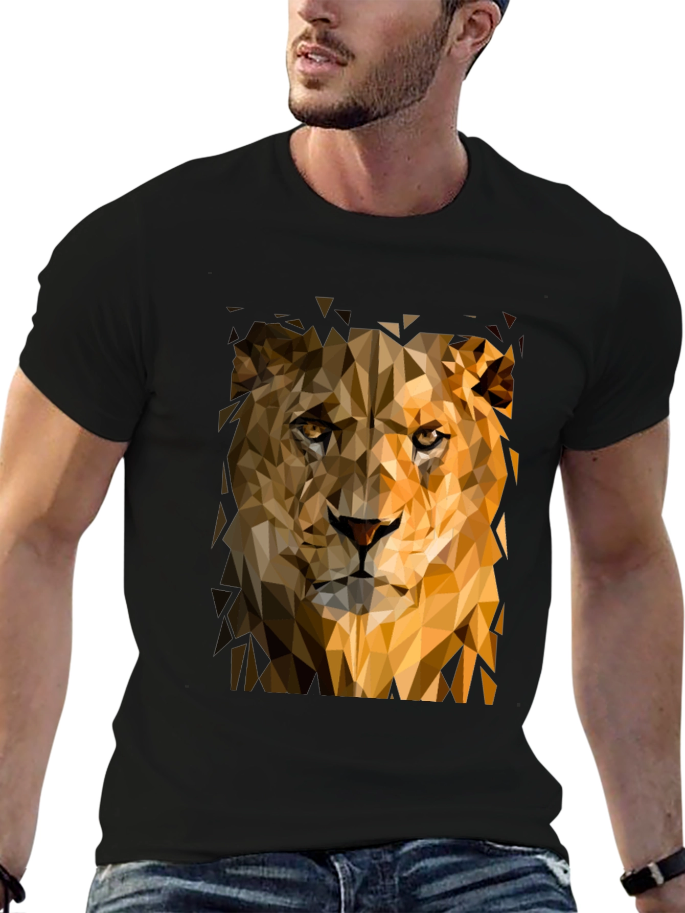Camiseta Negra Hombre León Geométrico