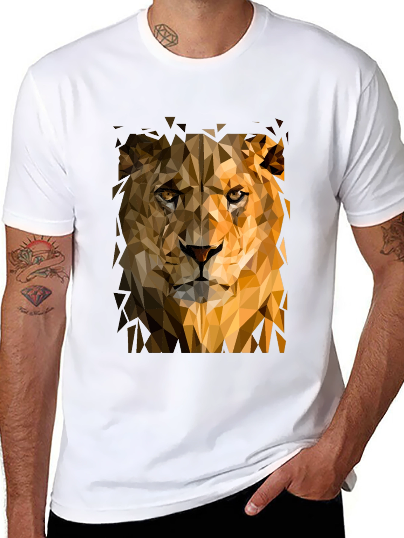 Camiseta Negra Hombre León Geométrico