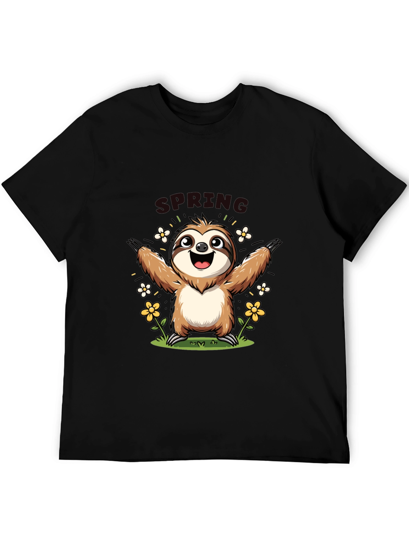 Camiseta Negra con Diseño de Perezoso Primaveral