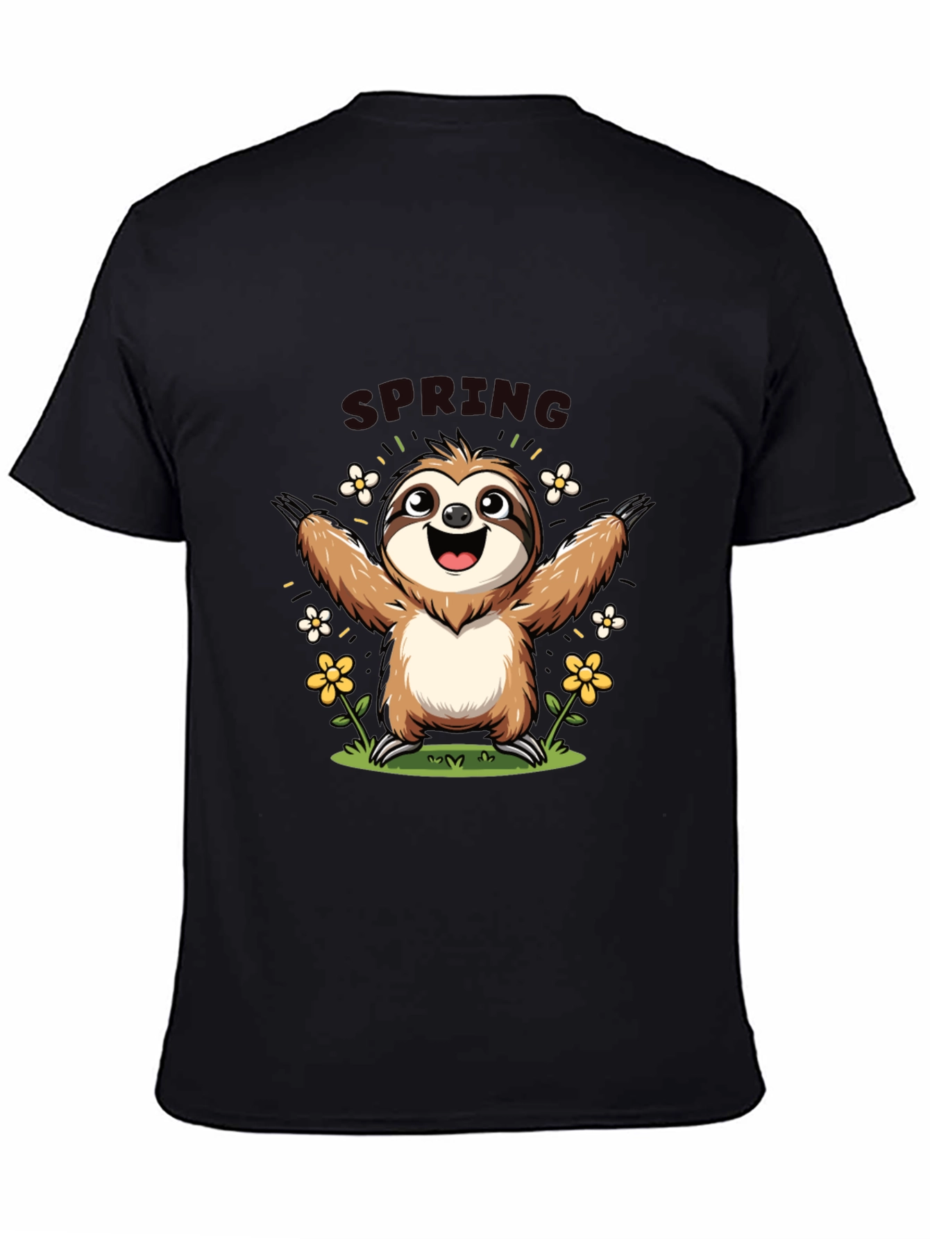 Camiseta Negra con Diseño de Perezoso Primaveral