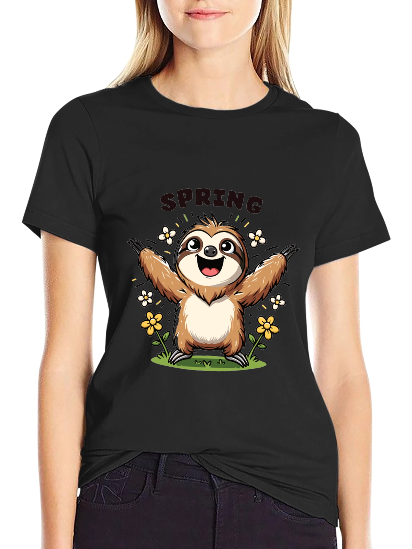 Camiseta Negra con Diseño de Perezoso Primaveral