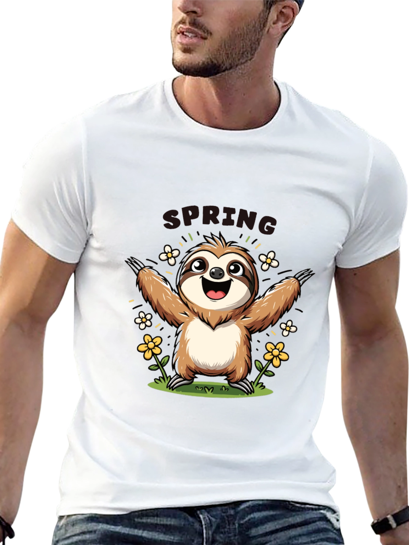 Camiseta Negra con Diseño de Perezoso Primaveral