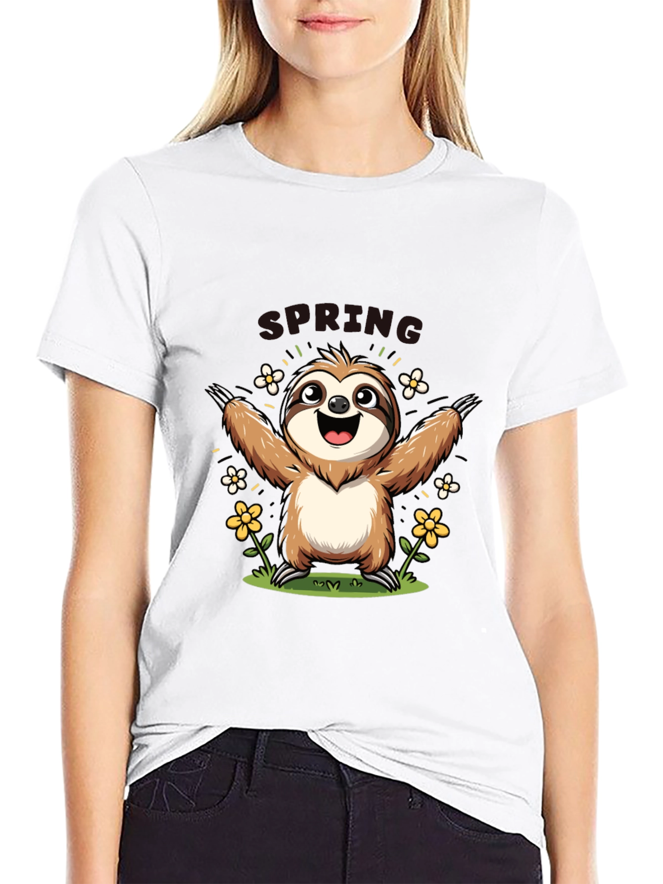 Camiseta Negra con Diseño de Perezoso Primaveral