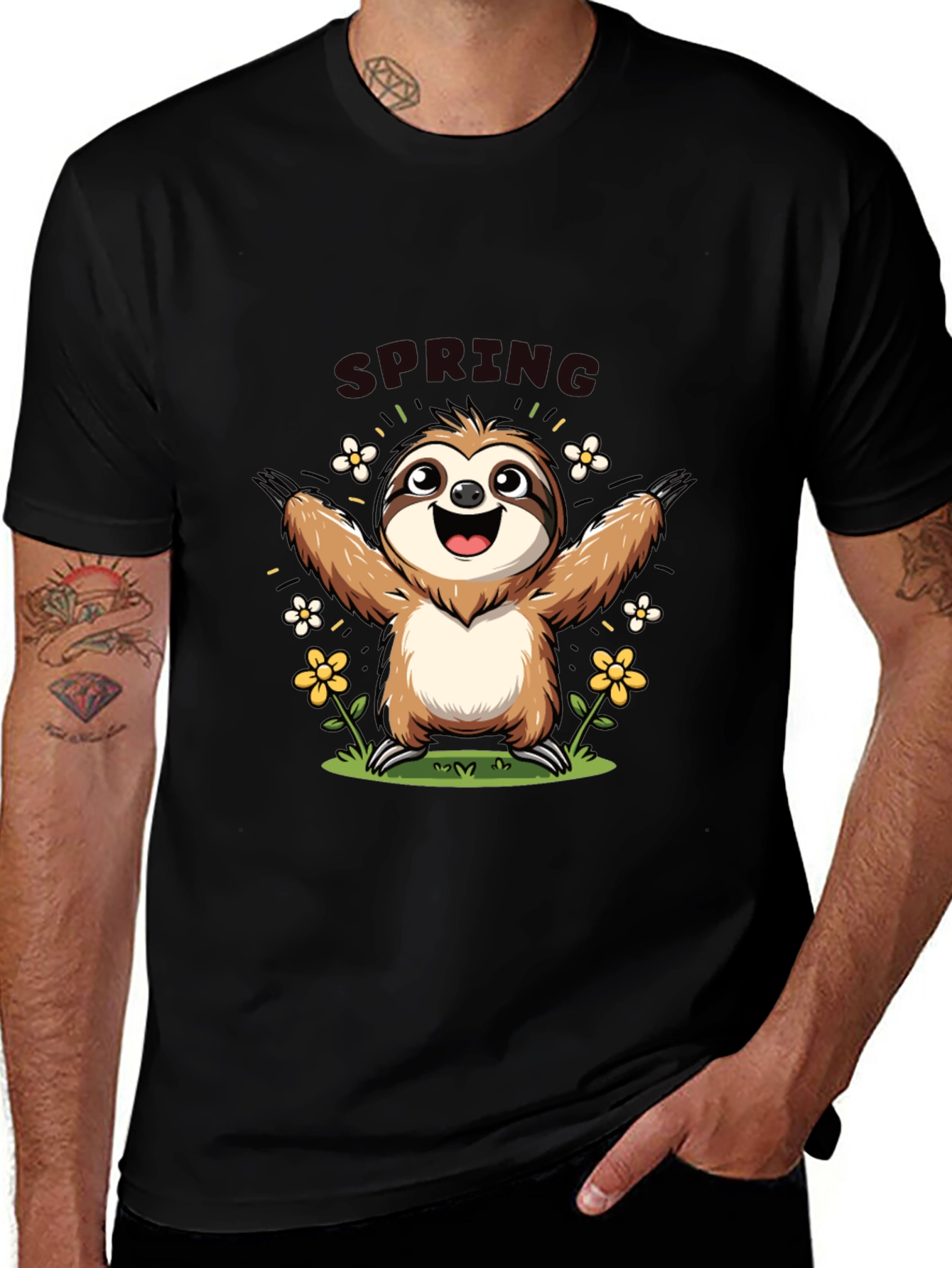 Camiseta Negra con Diseño de Perezoso Primaveral