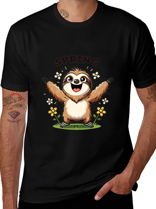 Camiseta Negra con Diseño de Perezoso Primaveral