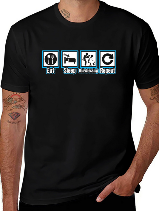 Camiseta Negra Divertida: Comer Dormir Peluquería Repetir