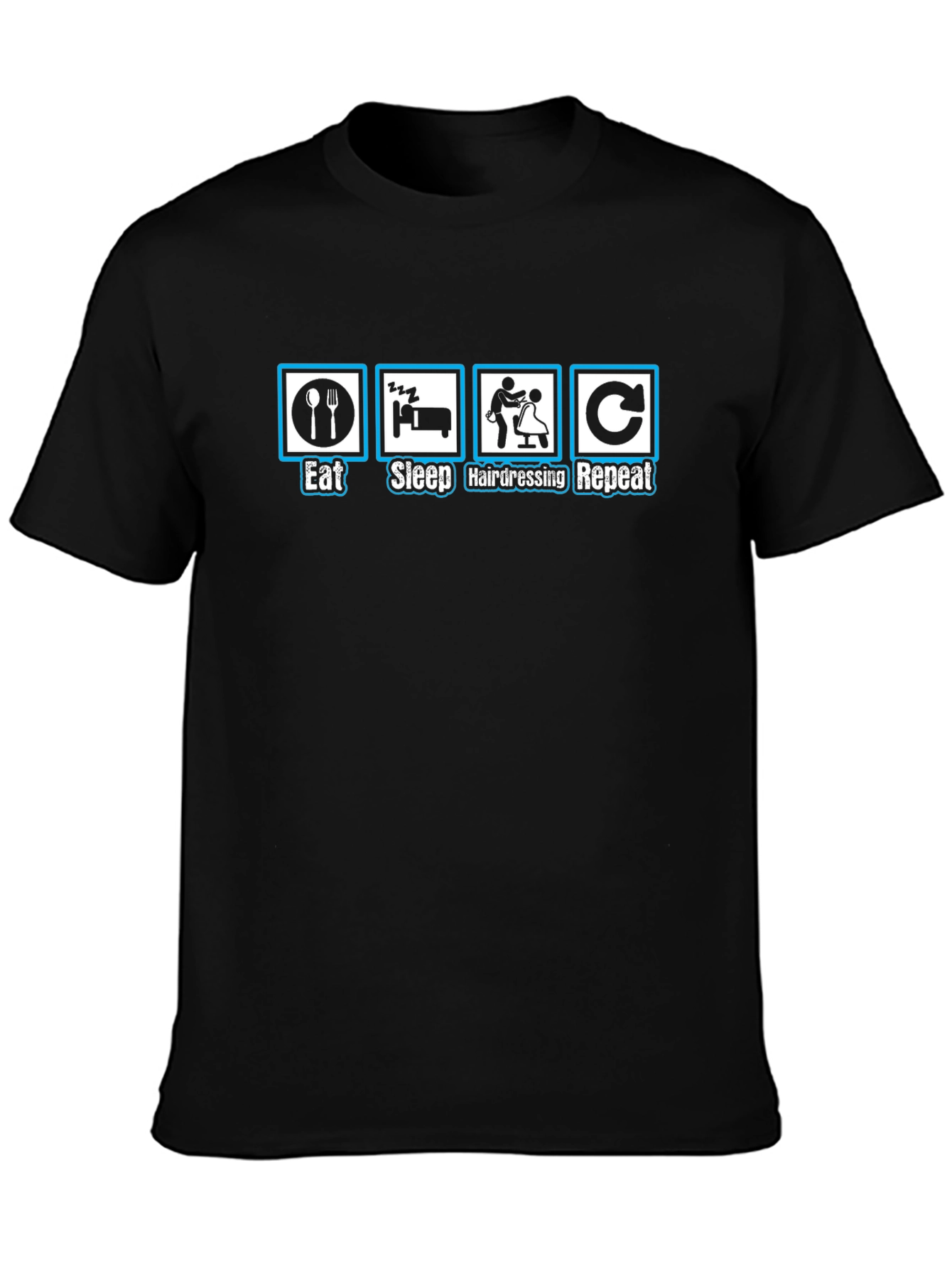 Camiseta Negra Divertida: Comer Dormir Peluquería Repetir