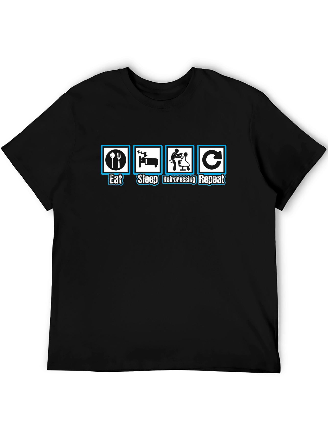 Camiseta Negra Divertida: Comer Dormir Peluquería Repetir