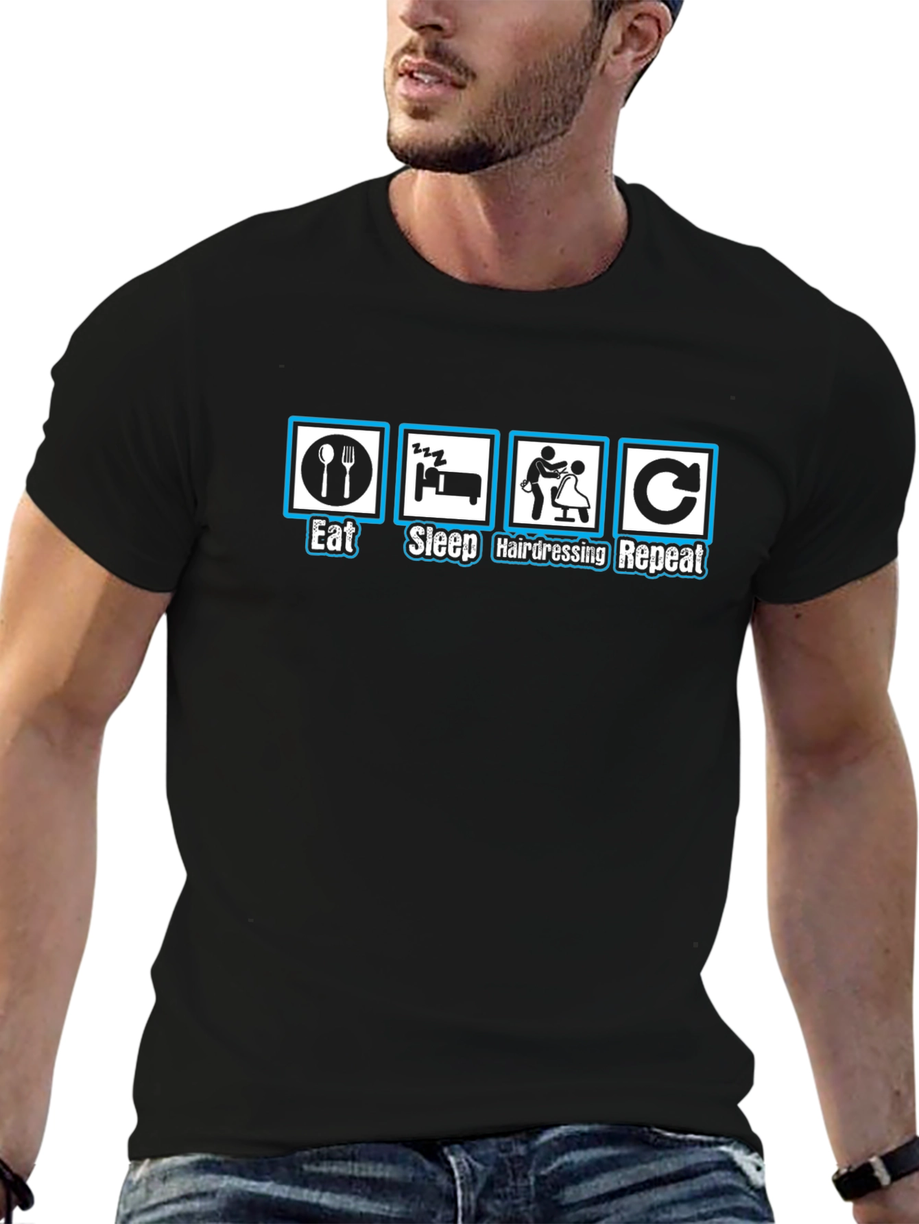 Camiseta Negra Divertida: Comer Dormir Peluquería Repetir