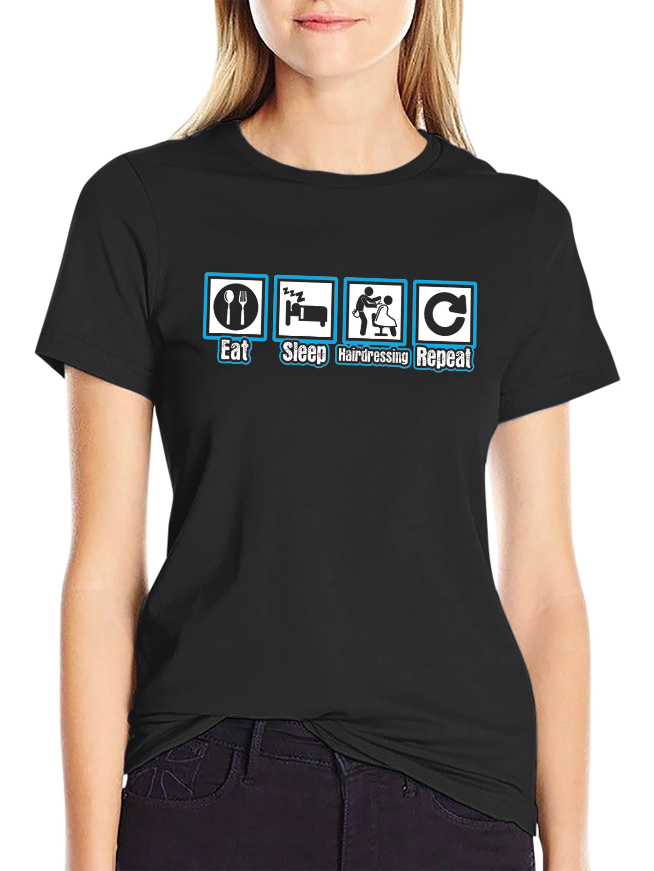 Camiseta Negra Divertida: Comer Dormir Peluquería Repetir