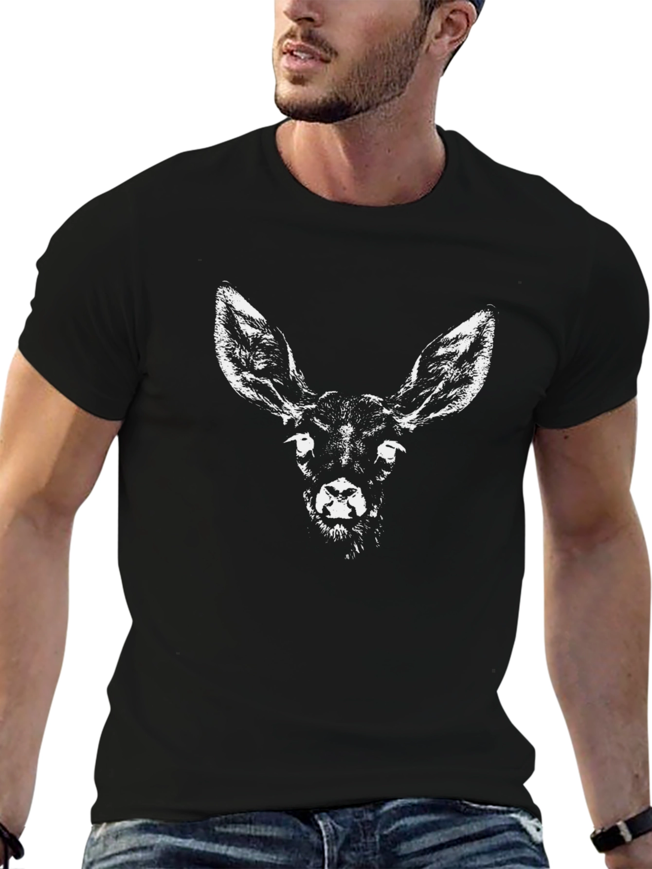Camiseta Negra con Estampado de Ciervo para Hombre