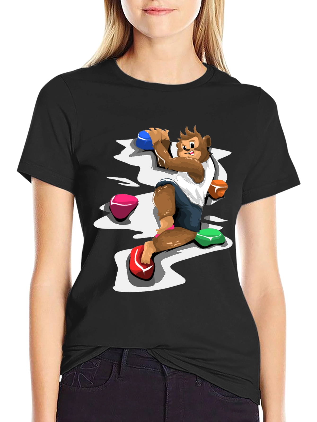 Camiseta Negra con Diseño de Mono Escalador
