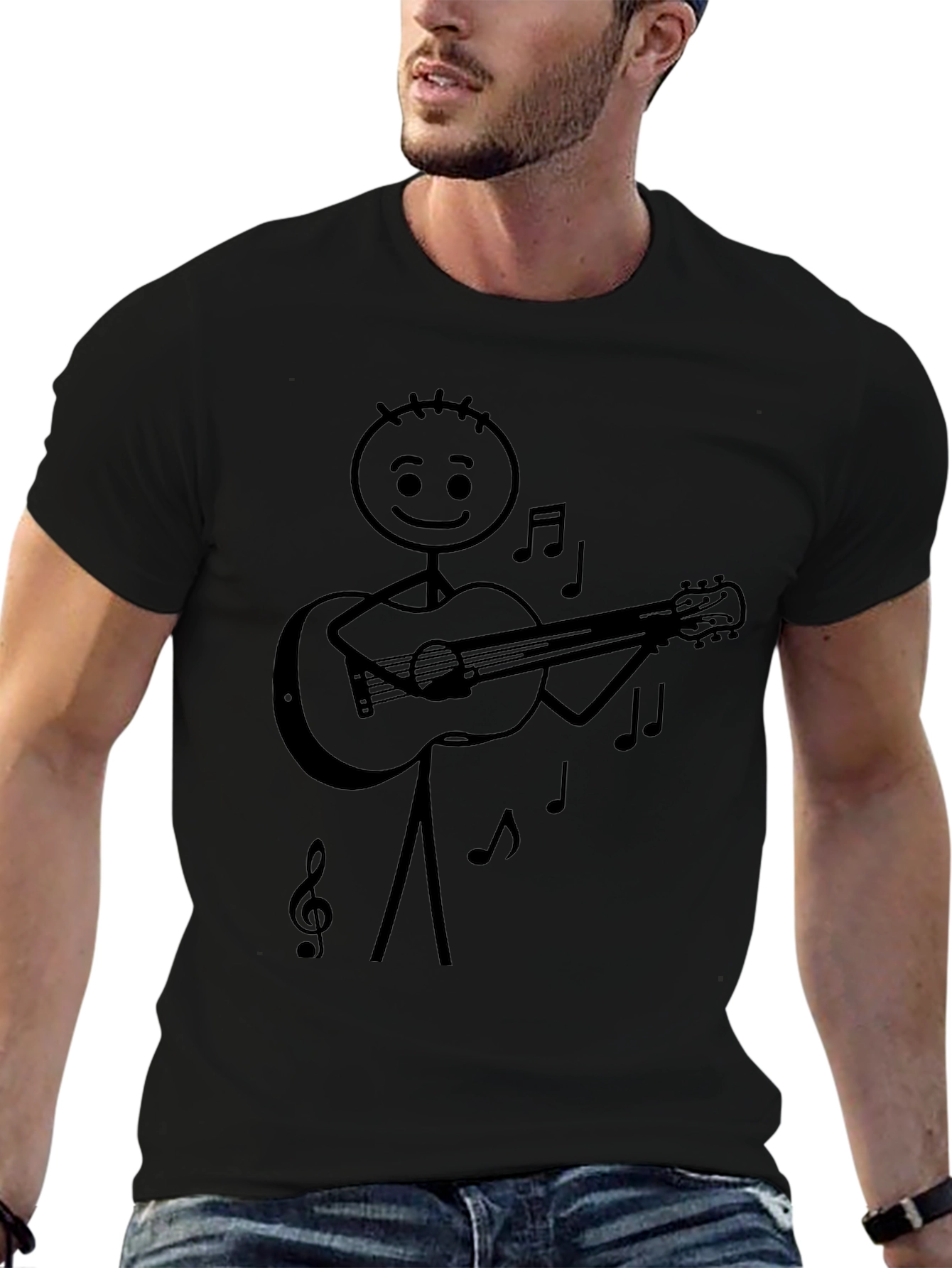 Camiseta Negra con Diseño de Músico de Palo