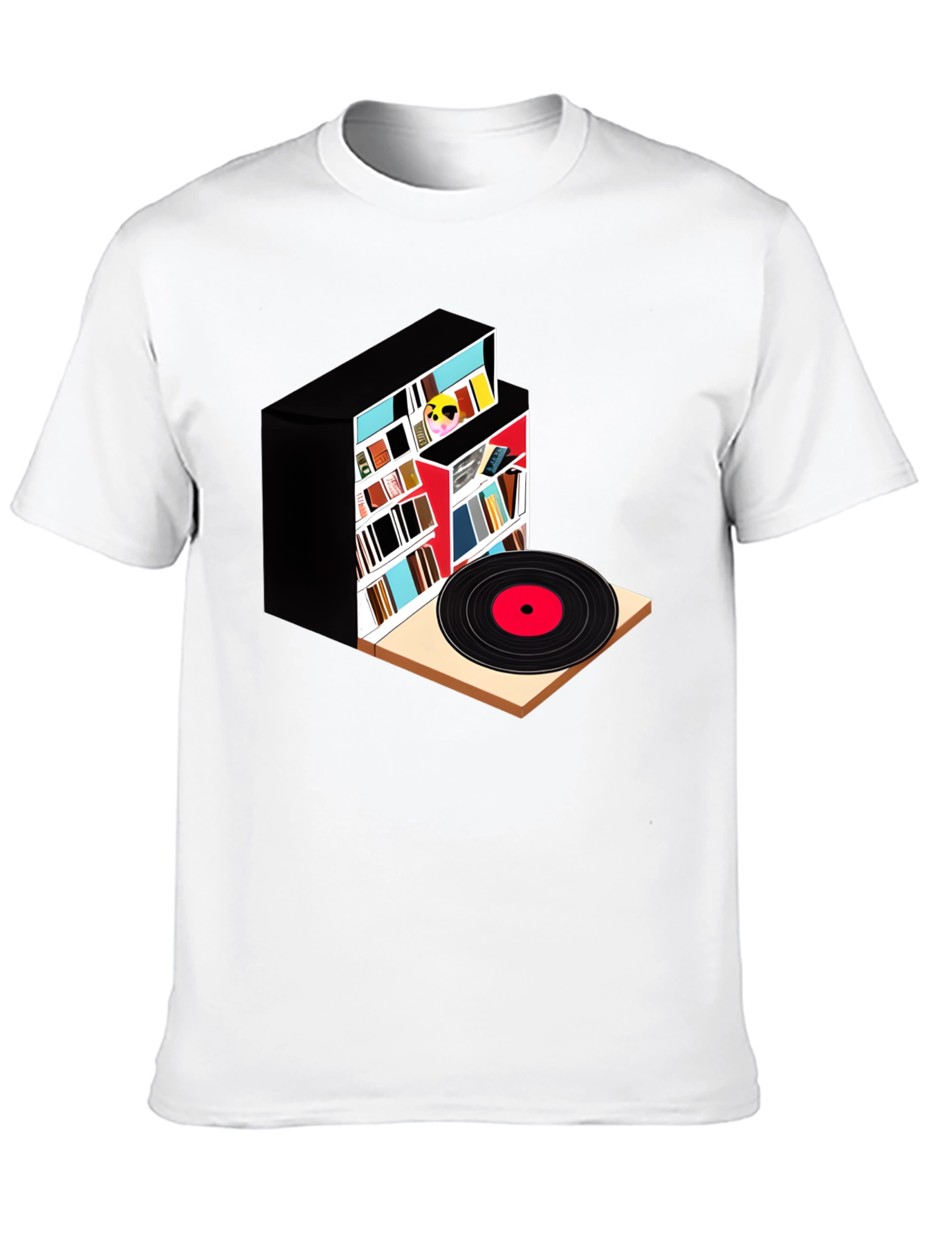 Camiseta Negra con Diseño de Biblioteca y Vinilo