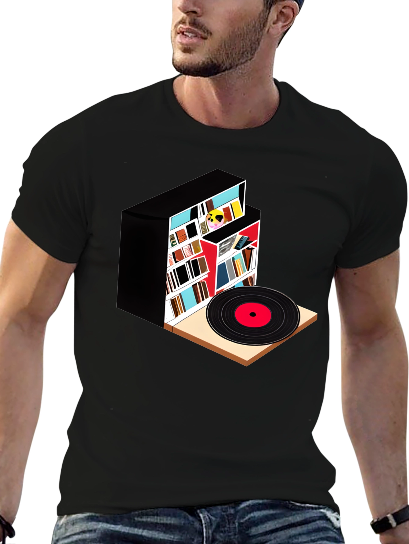 Camiseta Negra con Diseño de Biblioteca y Vinilo