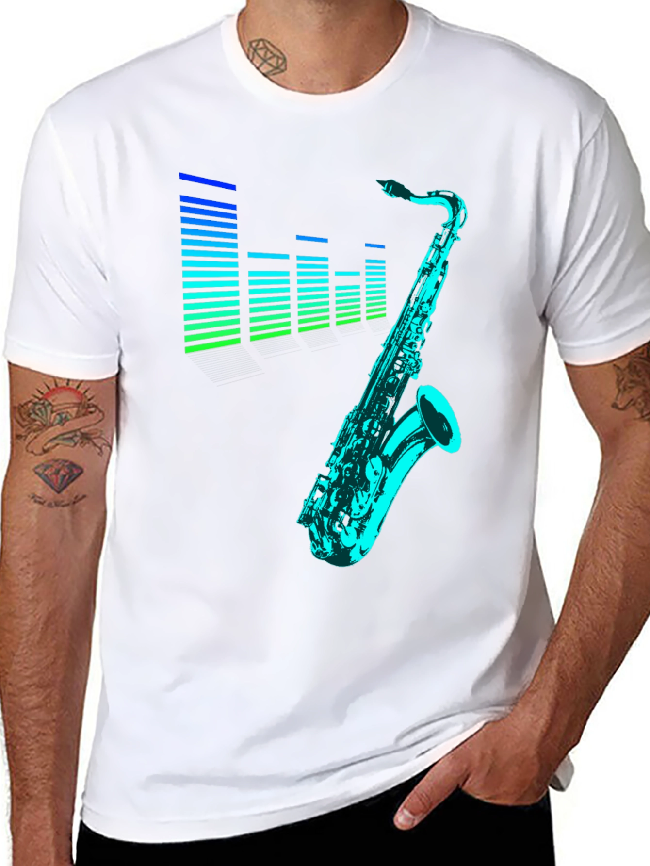 Camiseta Negra con Diseño de Saxofón y Ecualizador