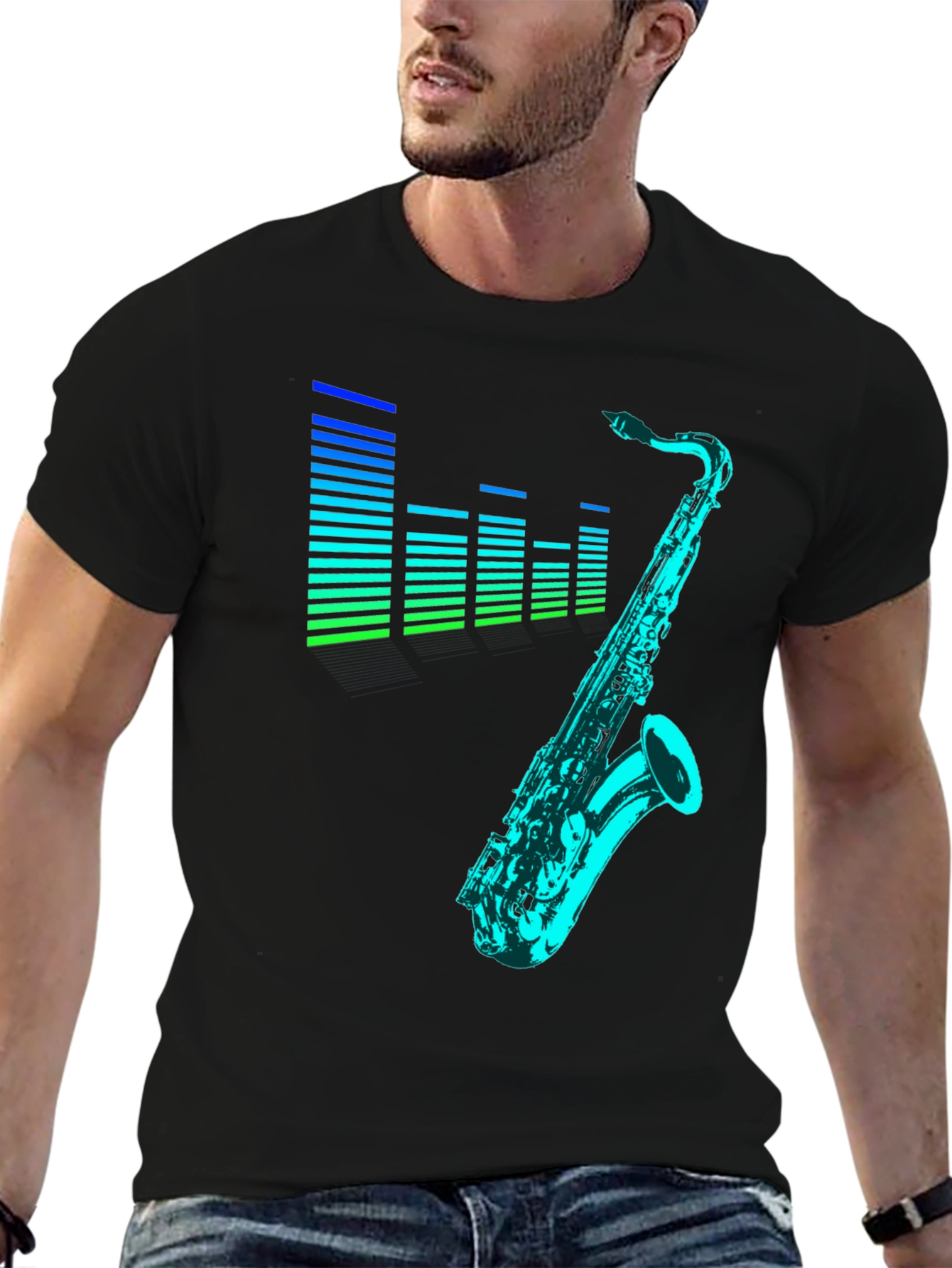Camiseta Negra con Diseño de Saxofón y Ecualizador