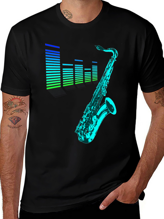 Camiseta Negra con Diseño de Saxofón y Ecualizador