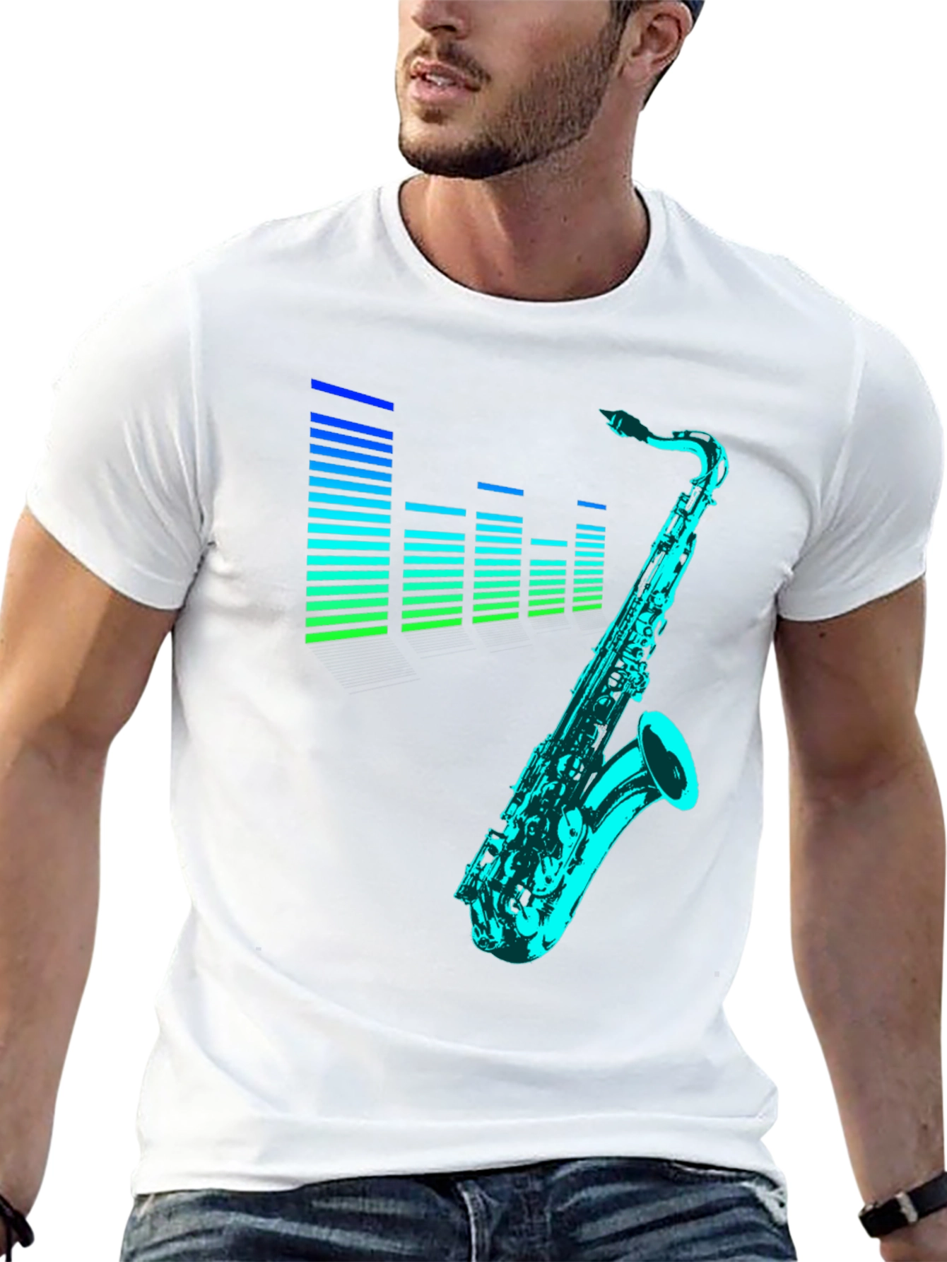 Camiseta Negra con Diseño de Saxofón y Ecualizador