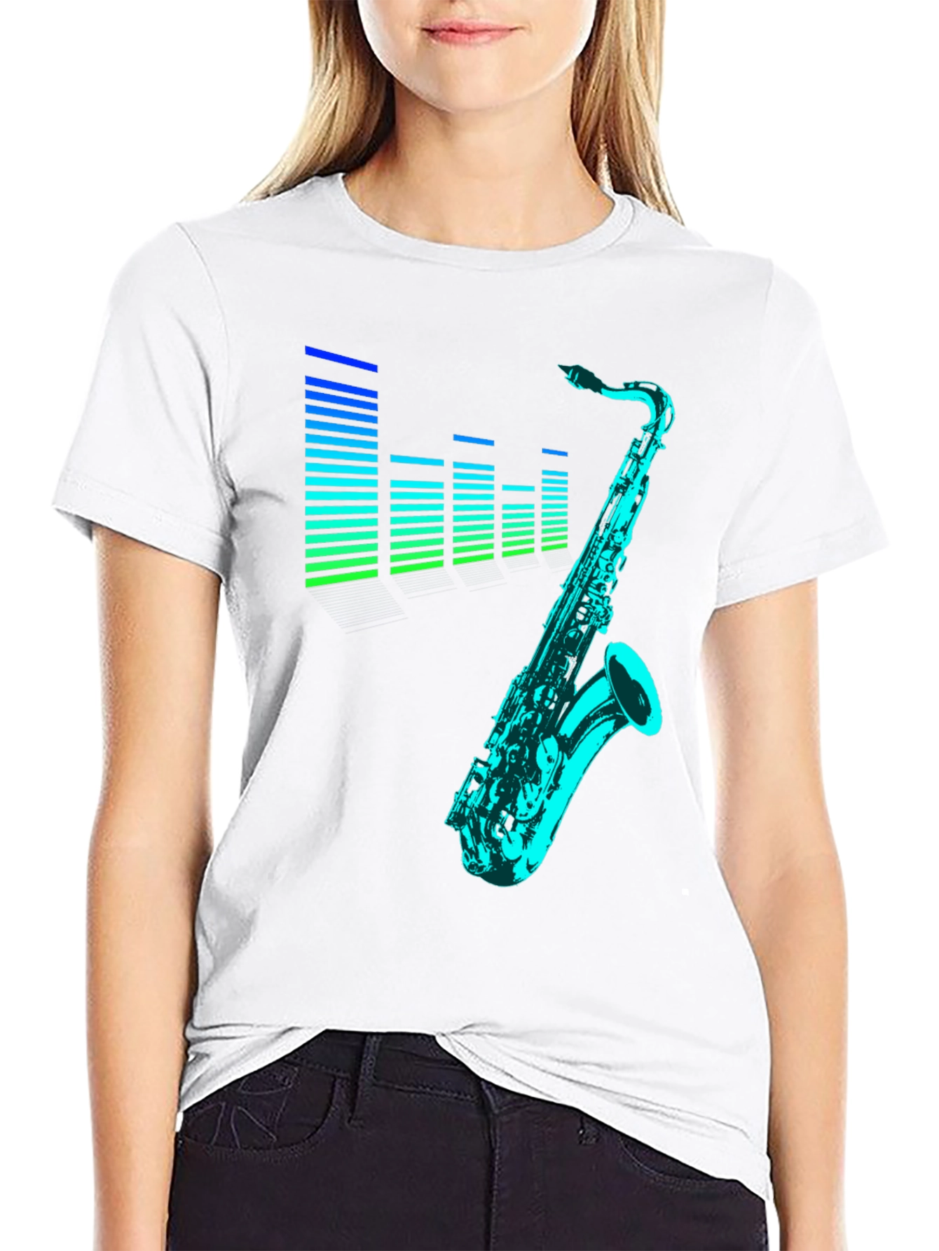 Camiseta Negra con Diseño de Saxofón y Ecualizador