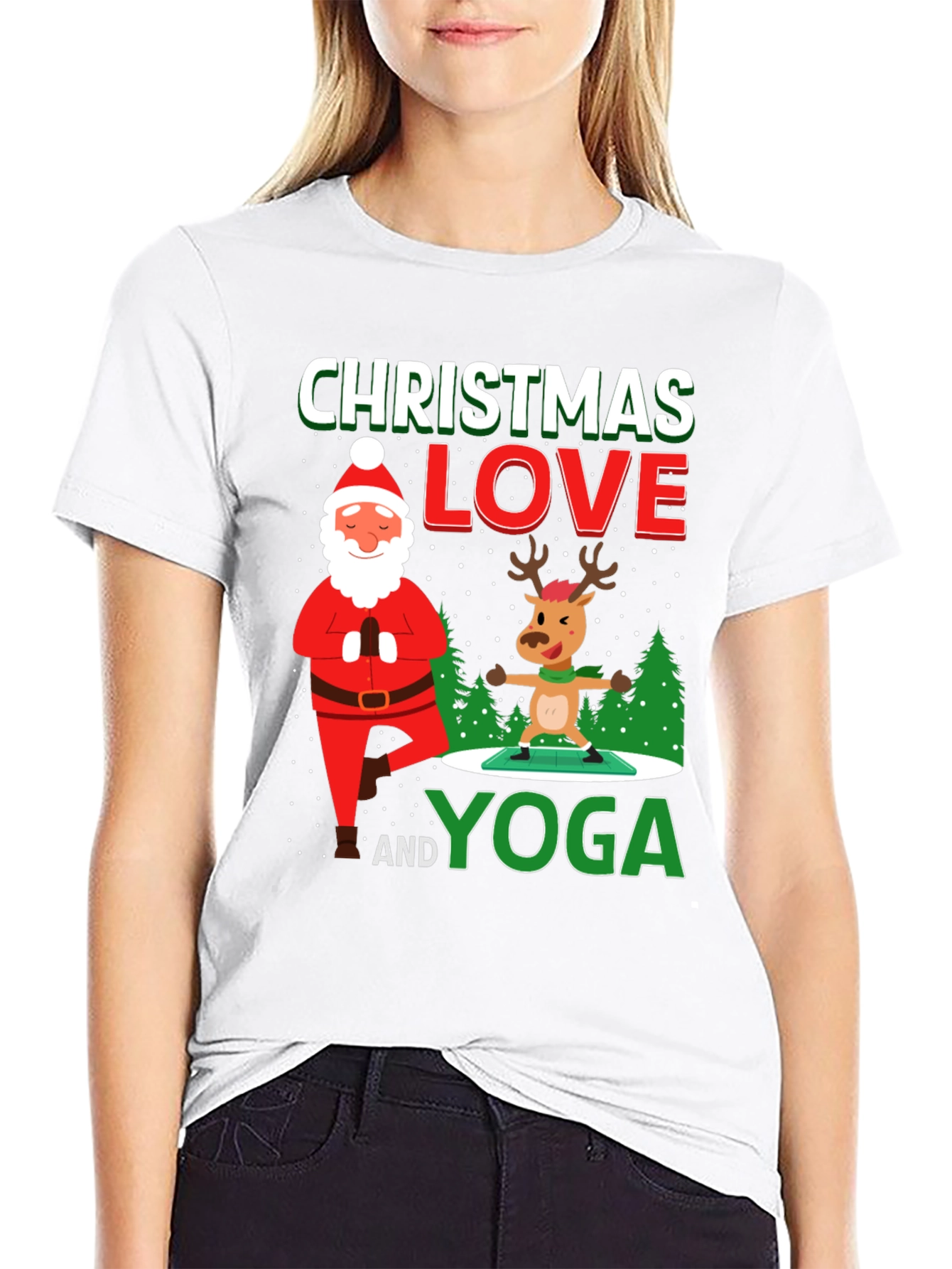 Camiseta Navideña Yoga Santa & Reno Divertida