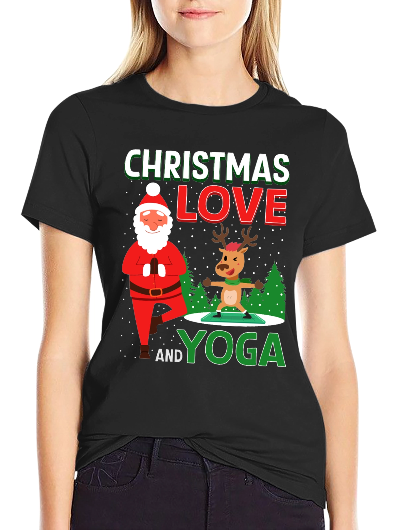 Camiseta Navideña Yoga Santa & Reno Divertida