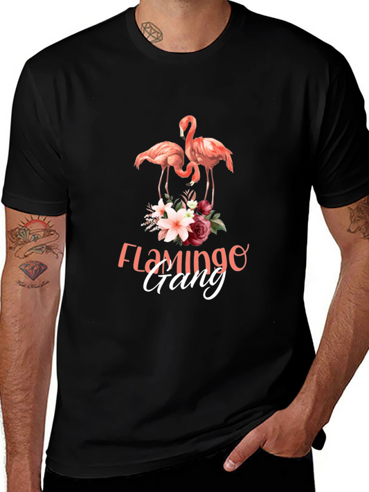 Camiseta Negra con Estampado de Flamencos