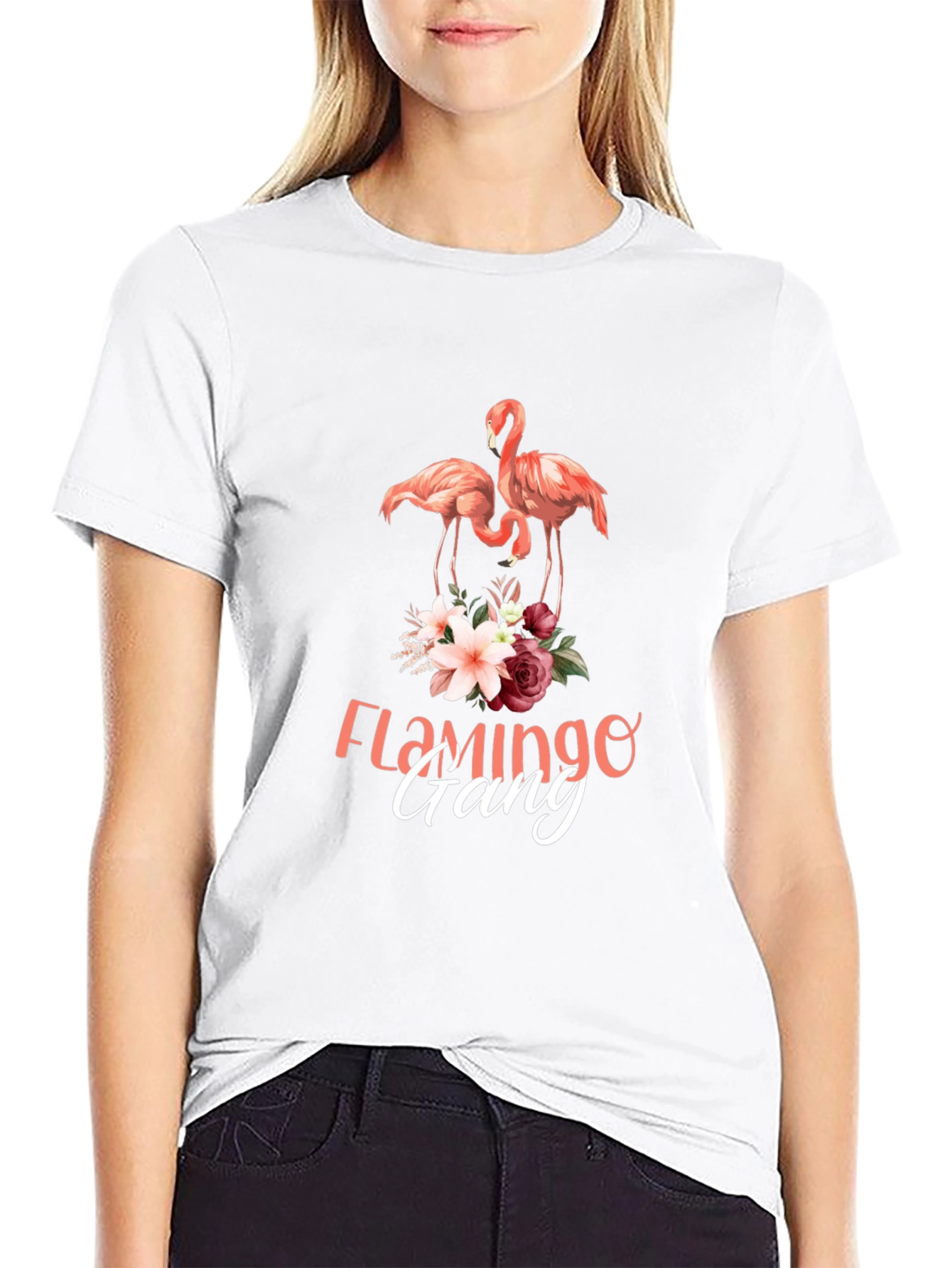 Camiseta Negra con Estampado de Flamencos