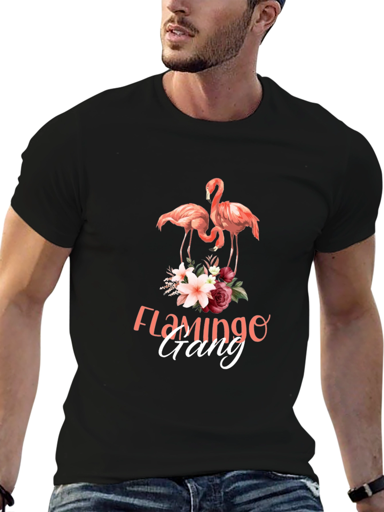 Camiseta Negra con Estampado de Flamencos